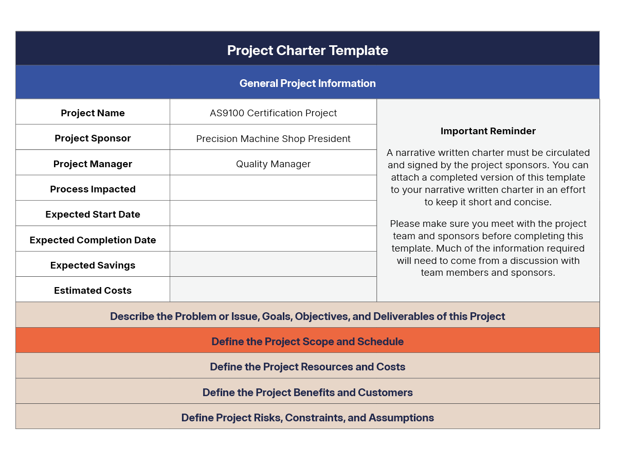 Project charter template QMS-PDCA-AS9100