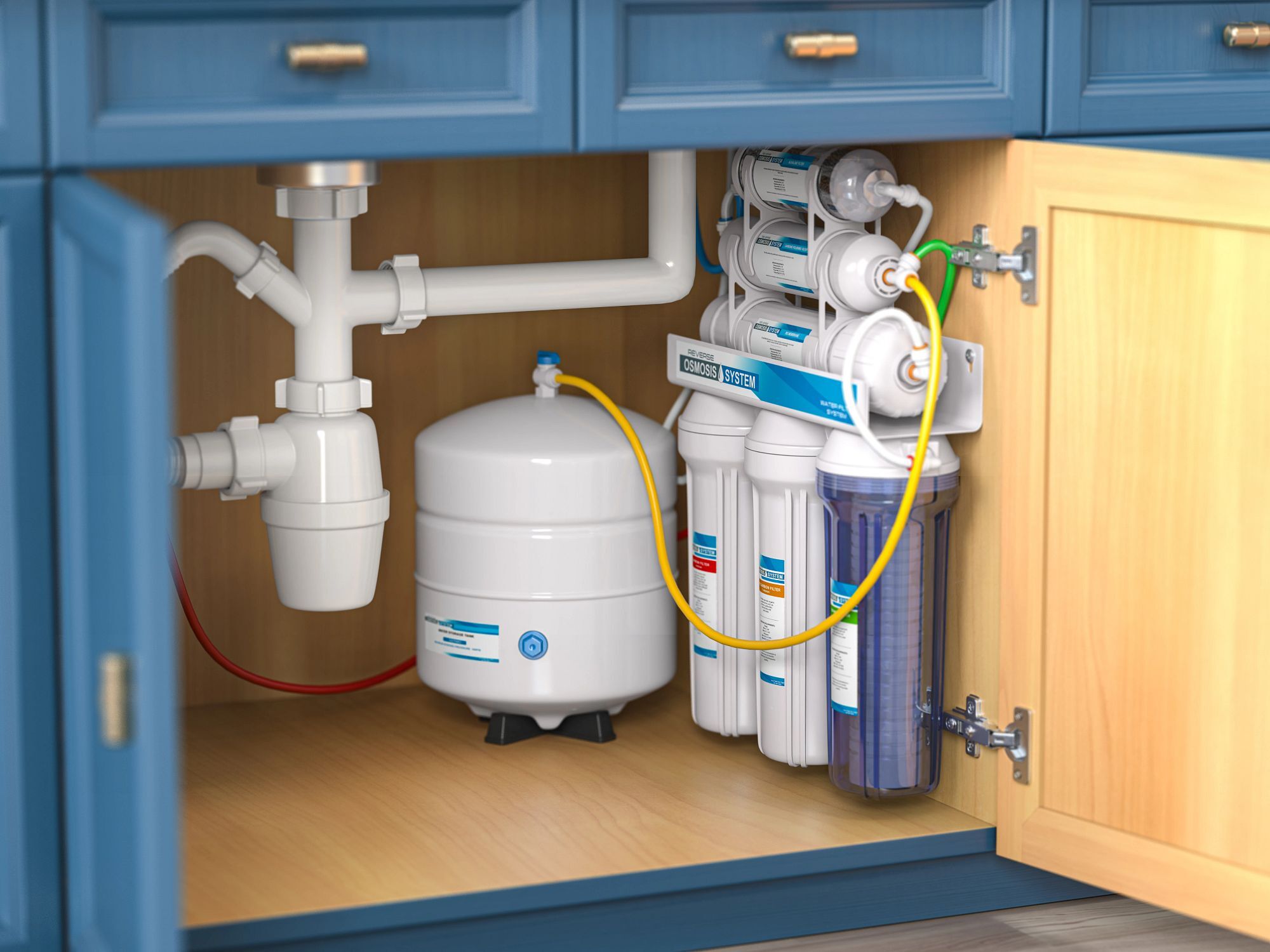 Reverse osmosis water purification system under sink in a kitchen.  Water cleaning system installation. 3d illustration