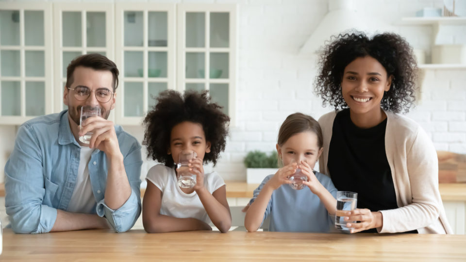 Family drinking water in kitchen - Water Filters, Reverse Osmosis and Water Treatment Systems | NSF International