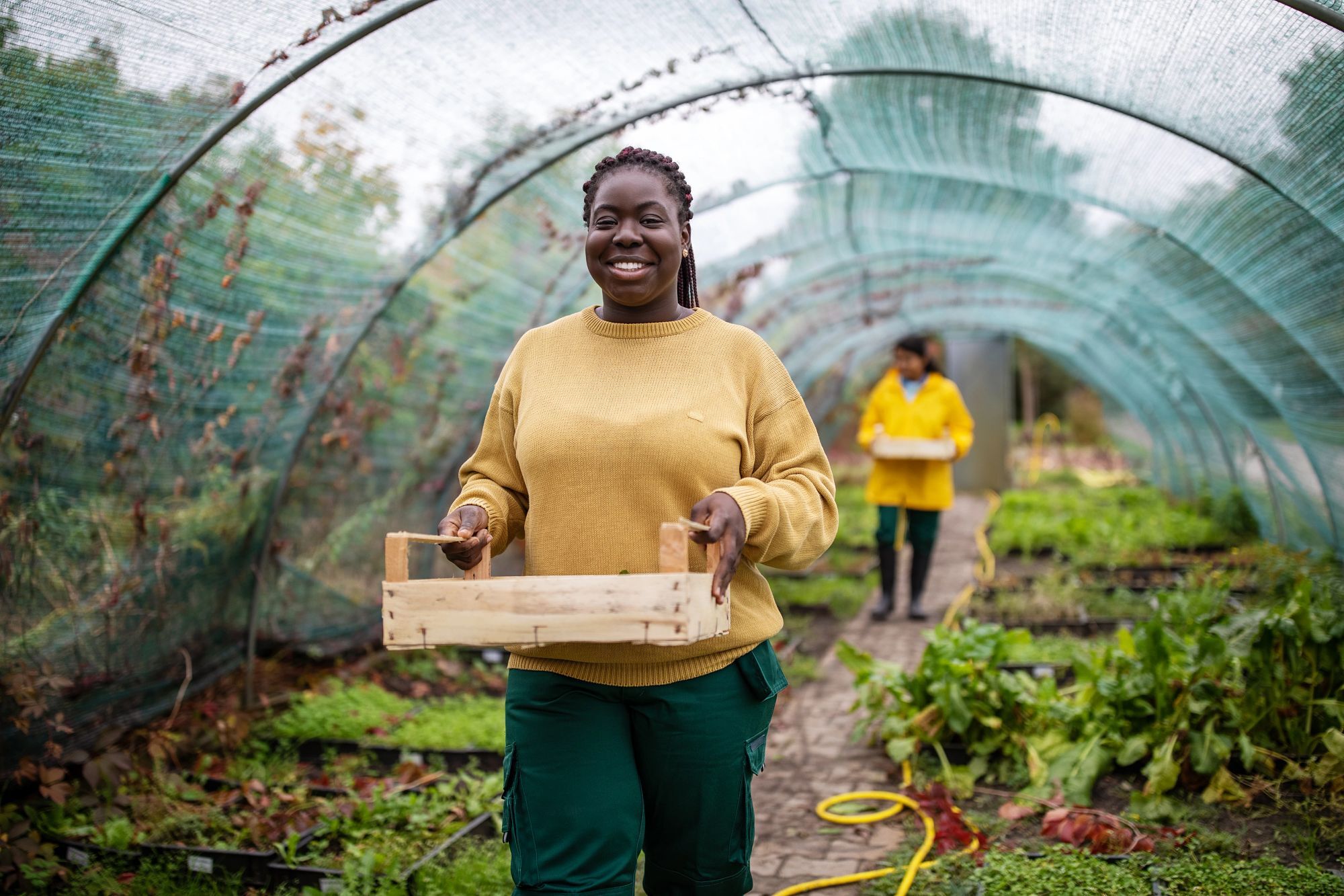 Black woman smiling while carrying a box wooden crate through a greenhouse tunnel - Celebrating 80 Years of Improving Human and Planet Health | NSF